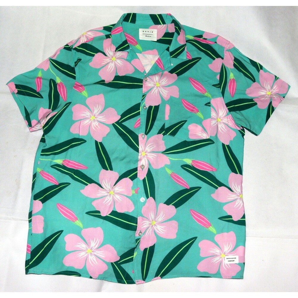 Duvin Camp Shirt Mens Medium Green Pink Floral‎ Hawaiian Rayon Casual Button Up